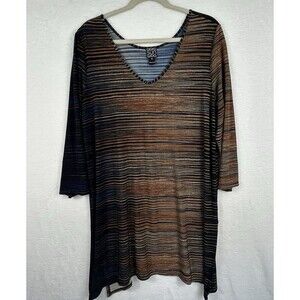 Clara Sun Woo Tunic  XL Dark Ombre‎ Striped Stretch 3/4 Sleeve V Neck Lagenlook